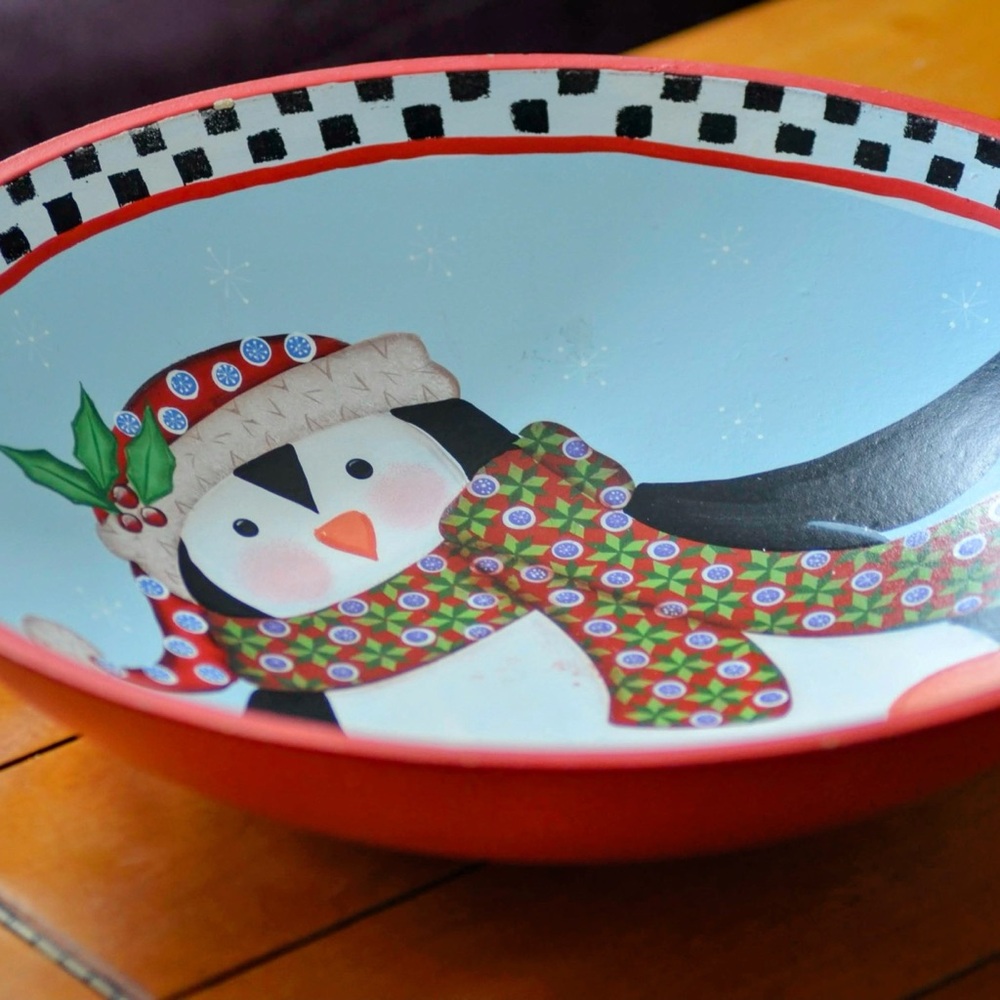 Hand Painted Penguin Wooden Holiday Bowl